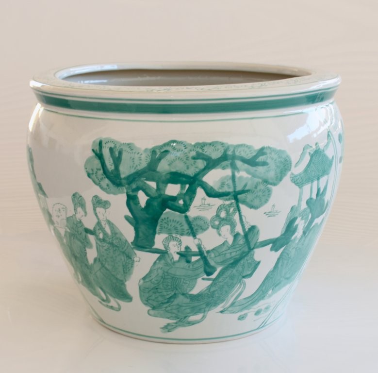 Extra Large White & Green Ceramic Planter